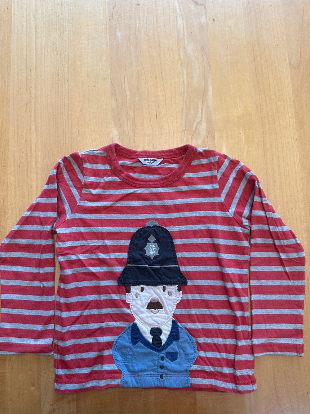 Baby Boden - Red & Gray Striped Kids Police Appliqué Long-Sleeve Top